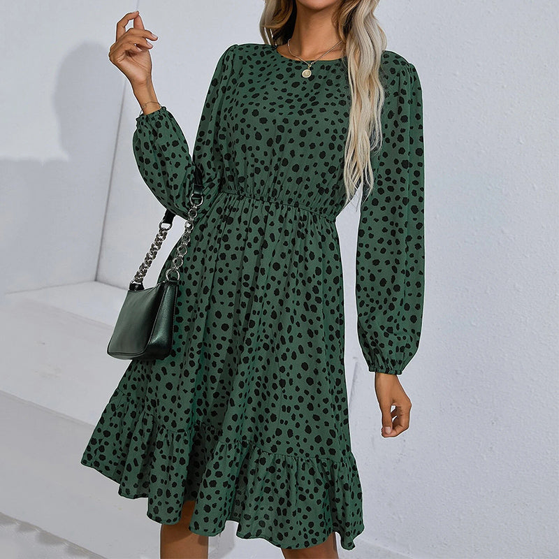 Print Ruffle Hem Midi Elegant Boho O Neck Long Sleeve Dresses