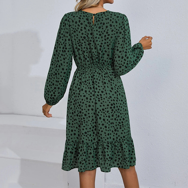 Print Ruffle Hem Midi Elegant Boho O Neck Long Sleeve Dresses