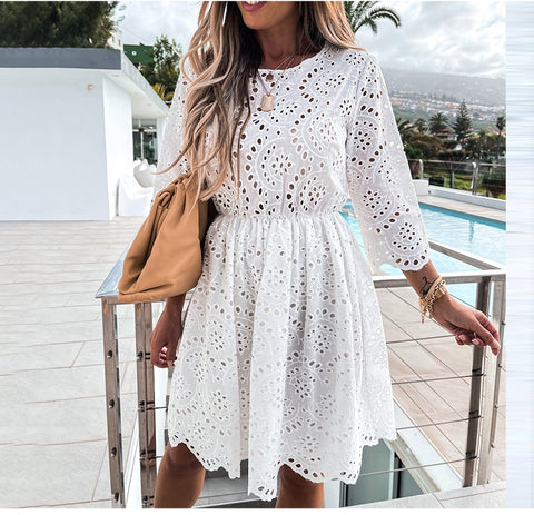Lace Cotton Party  3/4 Sleeve Fall Clothing Lady Hollow Out Dresses