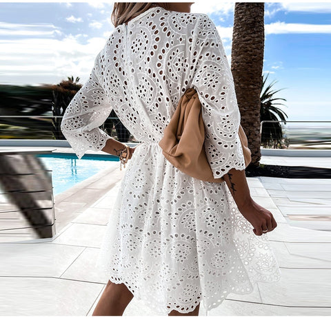Lace Cotton Party  3/4 Sleeve Fall Clothing Lady Hollow Out Dresses