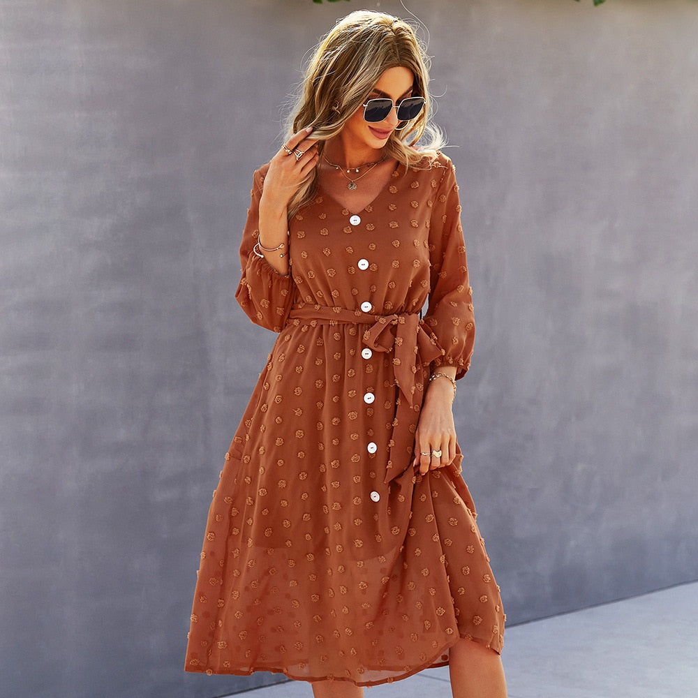 Dot Long Sleeve Bandage Buttons High Waist Dress Fashion Casual Chic