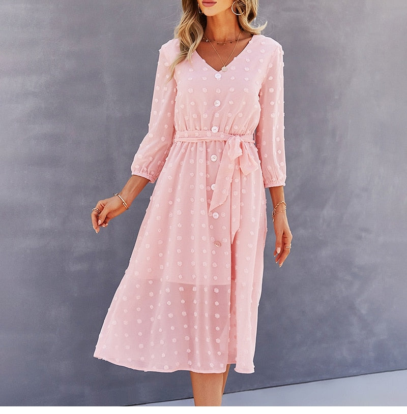 Dot Long Sleeve Bandage Buttons High Waist Dress Fashion Casual Chic