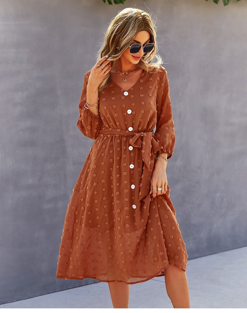 Dot Long Sleeve Bandage Buttons High Waist Dress Fashion Casual Chic