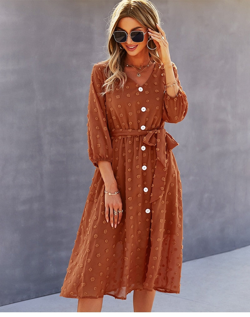 Dot Long Sleeve Bandage Buttons High Waist Dress Fashion Casual Chic