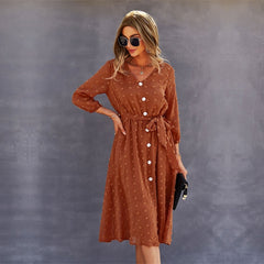 Dot Long Sleeve Bandage Buttons High Waist Dress Fashion Casual Chic