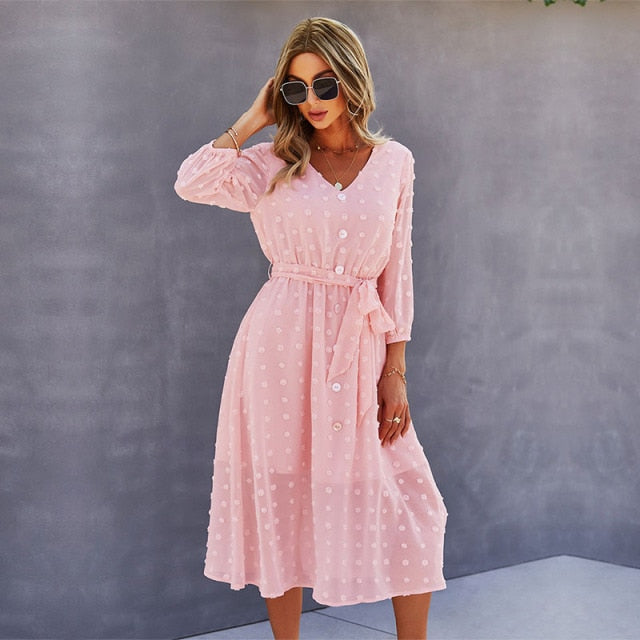 Dot Long Sleeve Bandage Buttons High Waist Dress Fashion Casual Chic