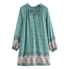 BOHO Strappy Bandage Wood Ear V Neck Floral Print Long Sleeve Dress