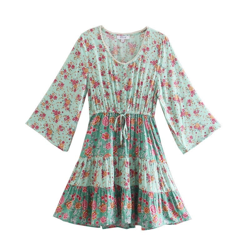 Open button Collar Floral Print Women Bohemian Dress Vintage