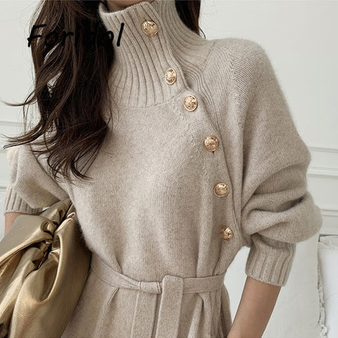 Soft Knitted Maxi Sweater Dress Robe Women Warm Midi Dress