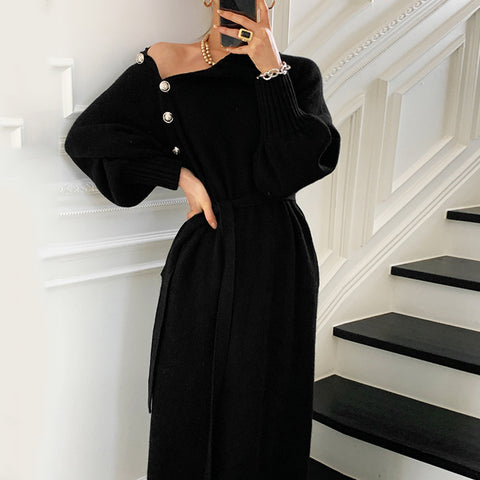 Soft Knitted Maxi Sweater Dress Robe Women Warm Midi Dress