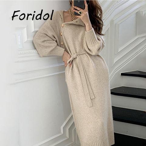 Soft Knitted Maxi Sweater Dress Robe Women Warm Midi Dress