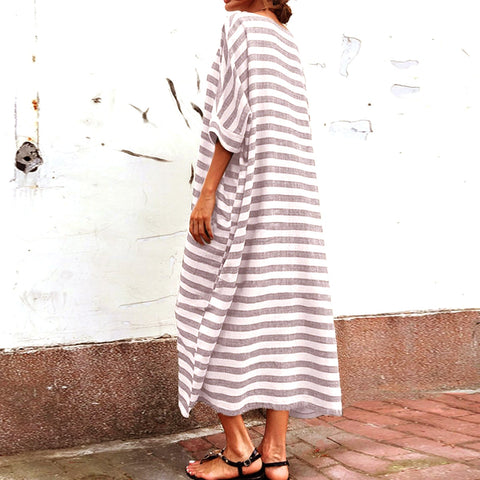 Casual Striped Print Loose Plus Size Dress Elegant Femme Robe