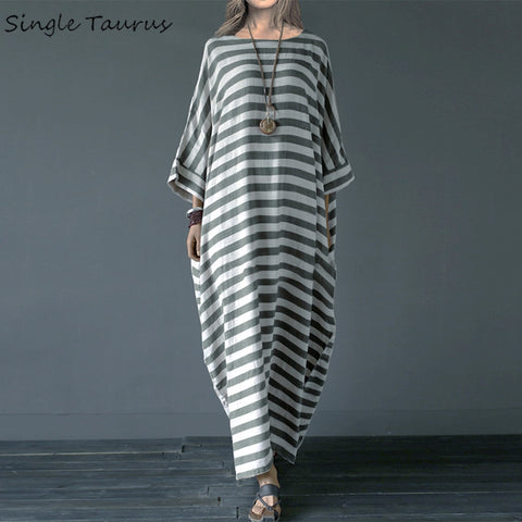 Casual Striped Print Loose Plus Size Dress Elegant Femme Robe
