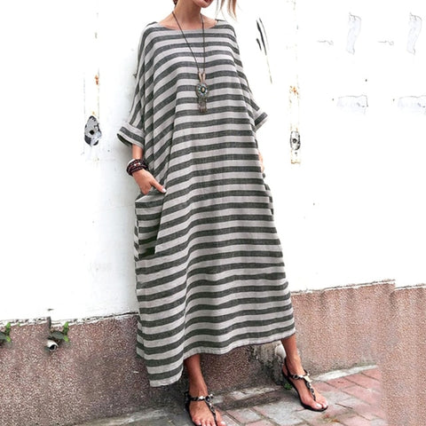 Casual Striped Print Loose Plus Size Dress Elegant Femme Robe