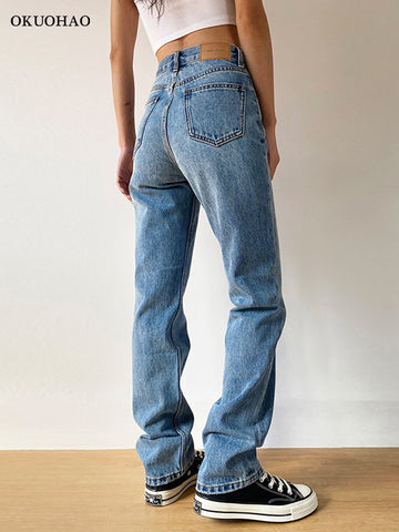 Mom Jeans Straight Pants Washed Loose High Waist Plus Size Casual Boyfriends