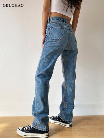 Mom Jeans Straight Pants Washed Loose High Waist Plus Size Casual Boyfriends