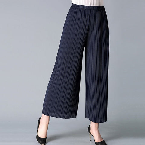 High Wide Leg Pants Elastic Waist Pleated Calf-Length Pants Casual