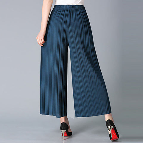High Wide Leg Pants Elastic Waist Pleated Calf-Length Pants Casual
