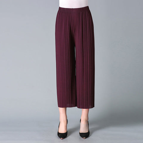 High Wide Leg Pants Elastic Waist Pleated Calf-Length Pants Casual