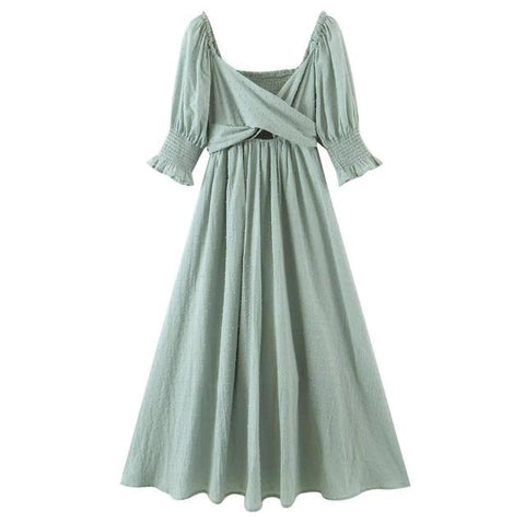 Cross Front Swing Dress Women Elastic Shoulder Half Sleeve Tie Bow Sashes Midi Vestido