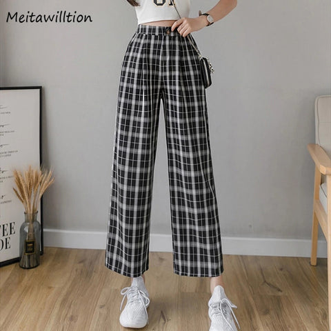 Vintage Plaid Pants Women Elastic Waist Loose Pants