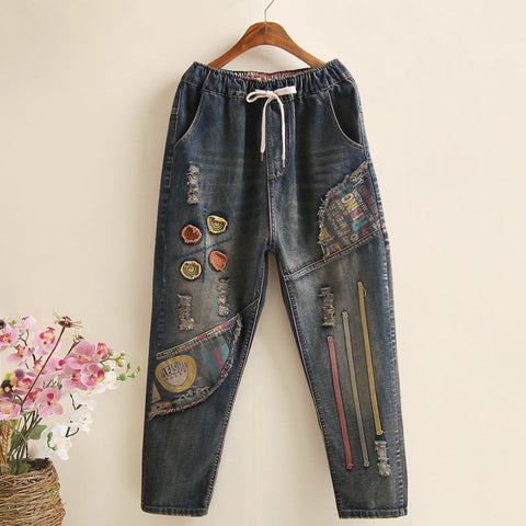 Embroidery Retro Jeans High Waist Nine Points cowboy trousers Large Size Denim