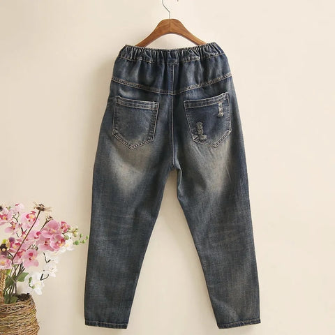 Embroidery Retro Jeans High Waist Nine Points cowboy trousers Large Size Denim