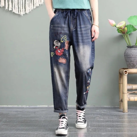Embroidery Retro Jeans High Waist Nine Points cowboy trousers Large Size Denim