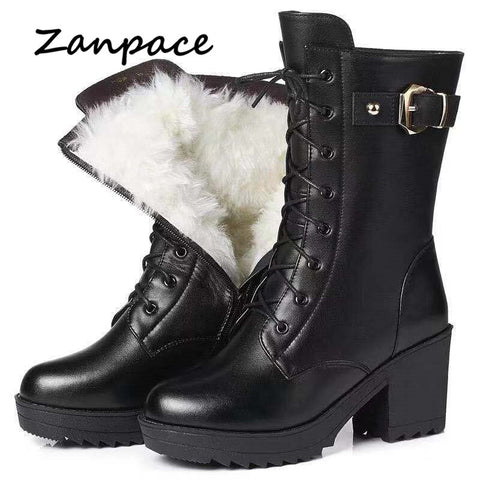 Boots Thick Wool Warm Women High-heeled Genuine Boot