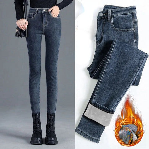 Winter Thick Velvet Women jeans High Waist Skinny Jeans Simple Fleece