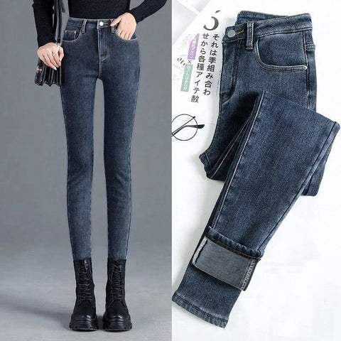 Winter Thick Velvet Women jeans High Waist Skinny Jeans Simple Fleece