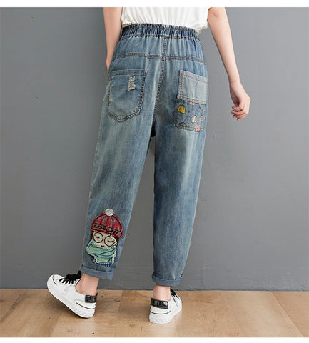 Cartoon Litter Girl Embroidery Denim Pants For Women Trendy Hole Casual