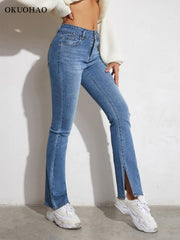 Skinny Flare Jeans High Waist Stretch Slim Denim Pants Vintage Wide Leg