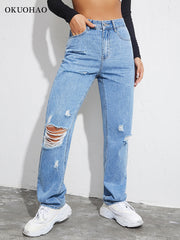 Ripped Boyfriends Jeans Women Casual High Waist Baggy Denim Pants