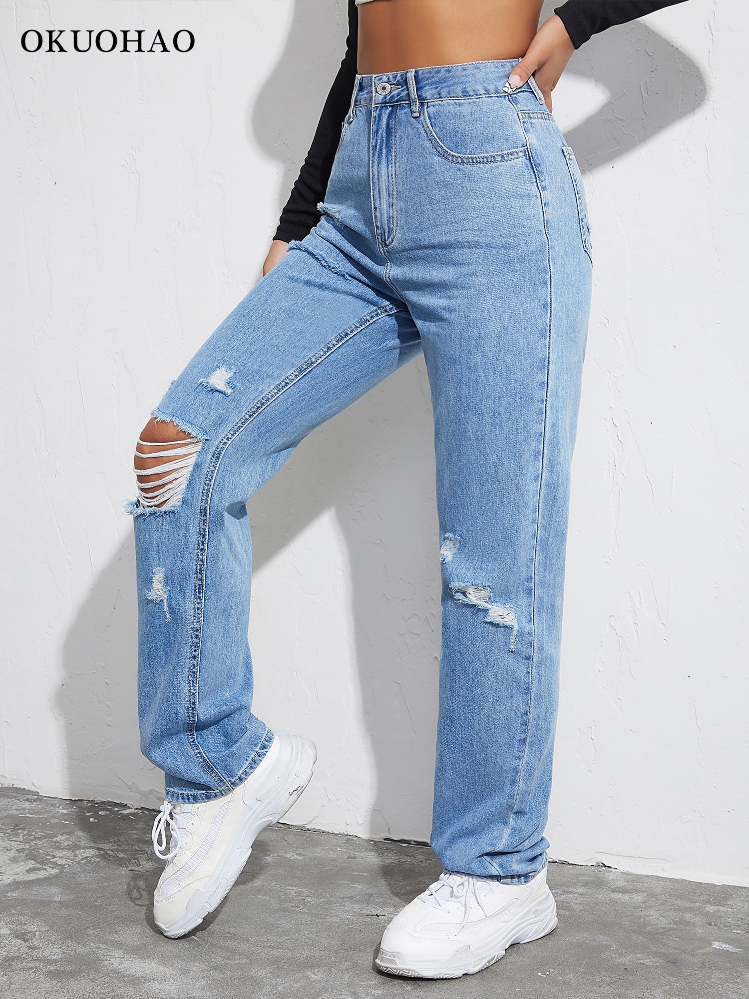 Ripped Boyfriends Jeans Women Casual High Waist Baggy Denim Pants