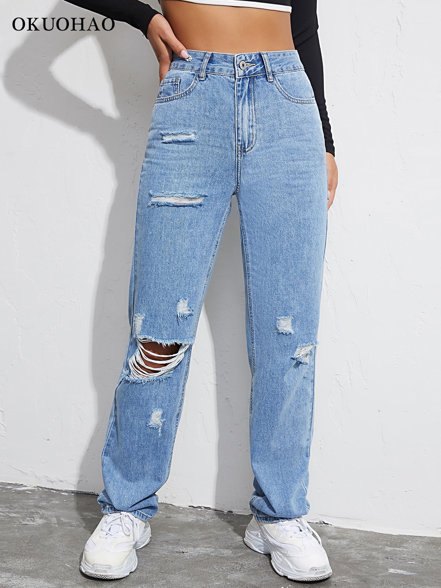 Ripped Boyfriends Jeans Women Casual High Waist Baggy Denim Pants