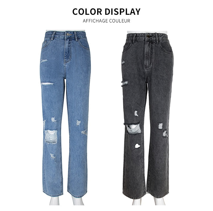 Ripped Boyfriends Jeans Women Casual High Waist Baggy Denim Pants