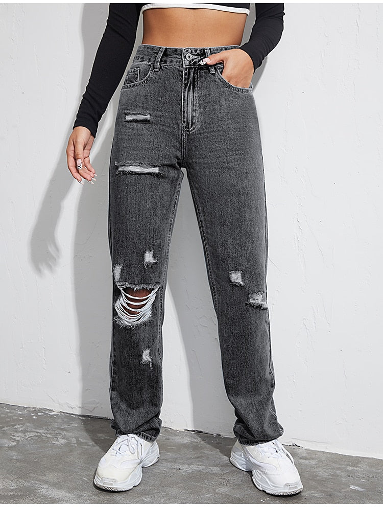 Ripped Boyfriends Jeans Women Casual High Waist Baggy Denim Pants