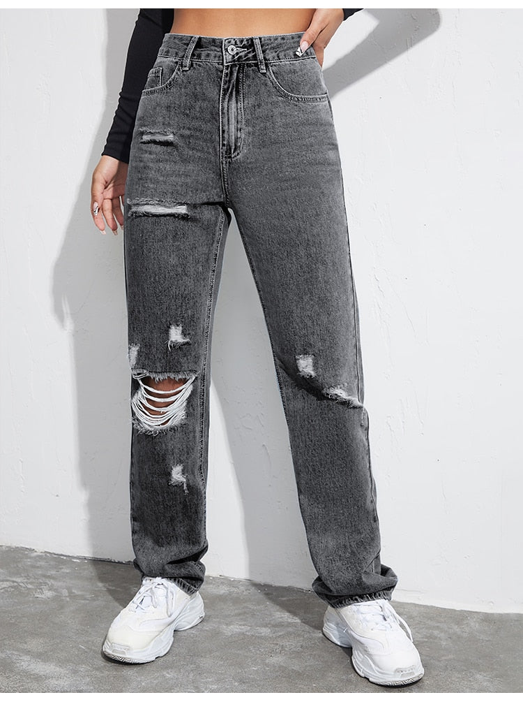 Ripped Boyfriends Jeans Women Casual High Waist Baggy Denim Pants