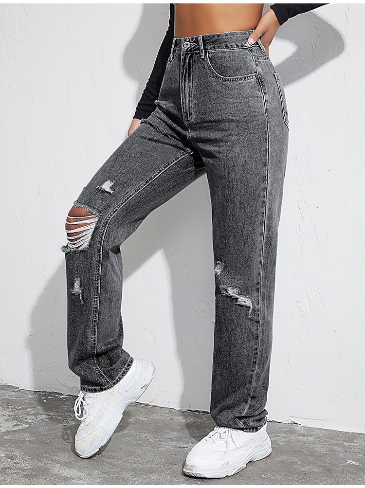 Ripped Boyfriends Jeans Women Casual High Waist Baggy Denim Pants