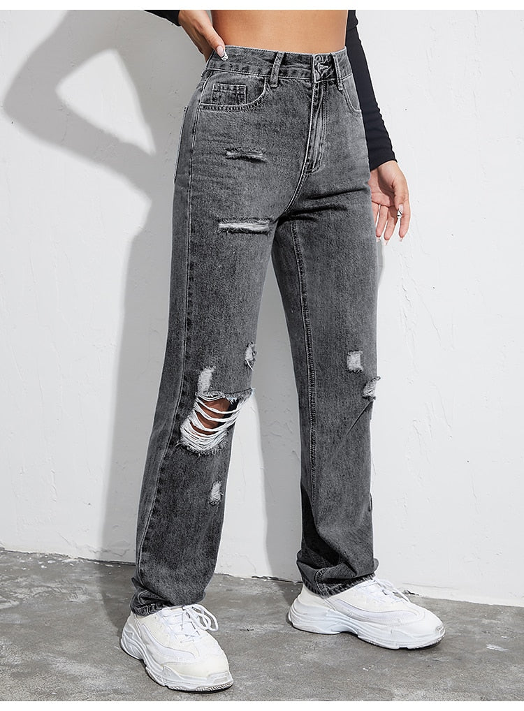 Ripped Boyfriends Jeans Women Casual High Waist Baggy Denim Pants