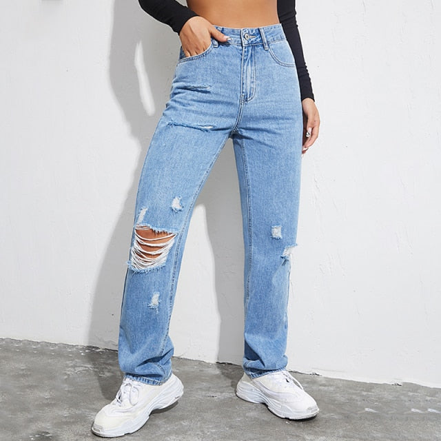 Ripped Boyfriends Jeans Women Casual High Waist Baggy Denim Pants