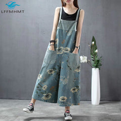 Vintage Floral Print Baggy Loose Casual Denim Pants Wide Leg Ankle Length Jeans