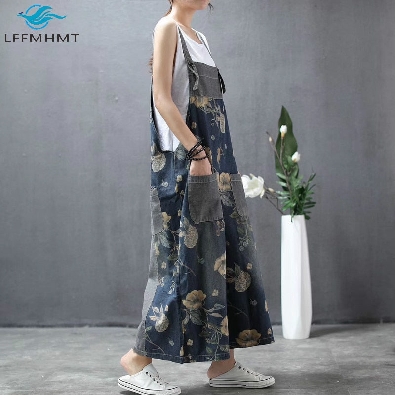 Vintage Floral Print Baggy Loose Casual Denim Pants Wide Leg Ankle Length Jeans