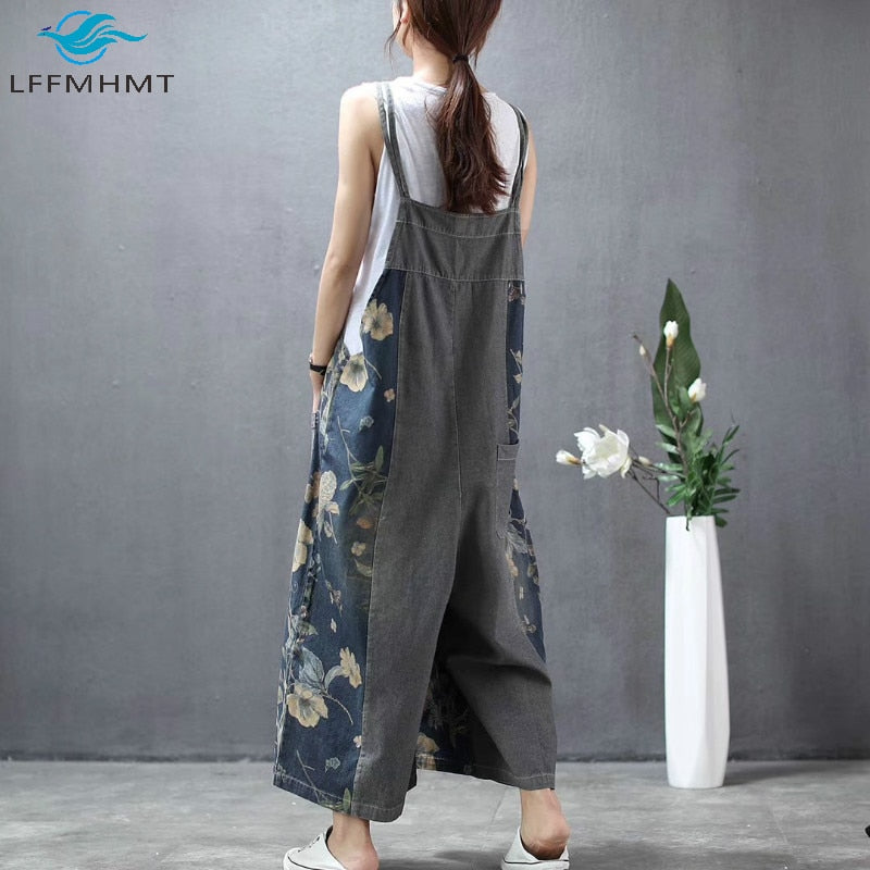 Vintage Floral Print Baggy Loose Casual Denim Pants Wide Leg Ankle Length Jeans