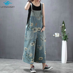 Vintage Floral Print Baggy Loose Casual Denim Pants Wide Leg Ankle Length Jeans