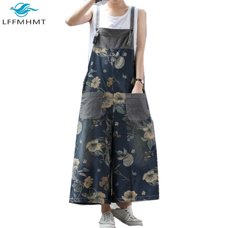 Vintage Floral Print Baggy Loose Casual Denim Pants Wide Leg Ankle Length Jeans