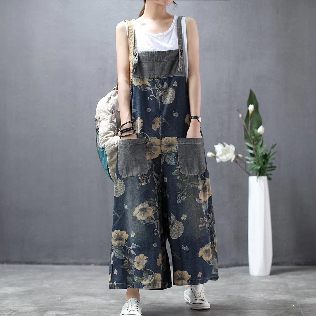 Vintage Floral Print Baggy Loose Casual Denim Pants Wide Leg Ankle Length Jeans