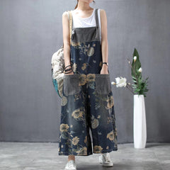 Vintage Floral Print Baggy Loose Casual Denim Pants Wide Leg Ankle Length Jeans