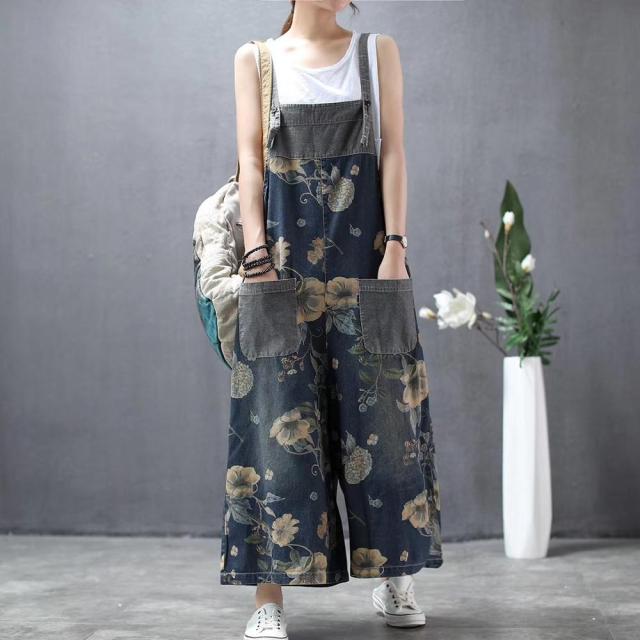 Vintage Floral Print Baggy Loose Casual Denim Pants Wide Leg Ankle Length Jeans